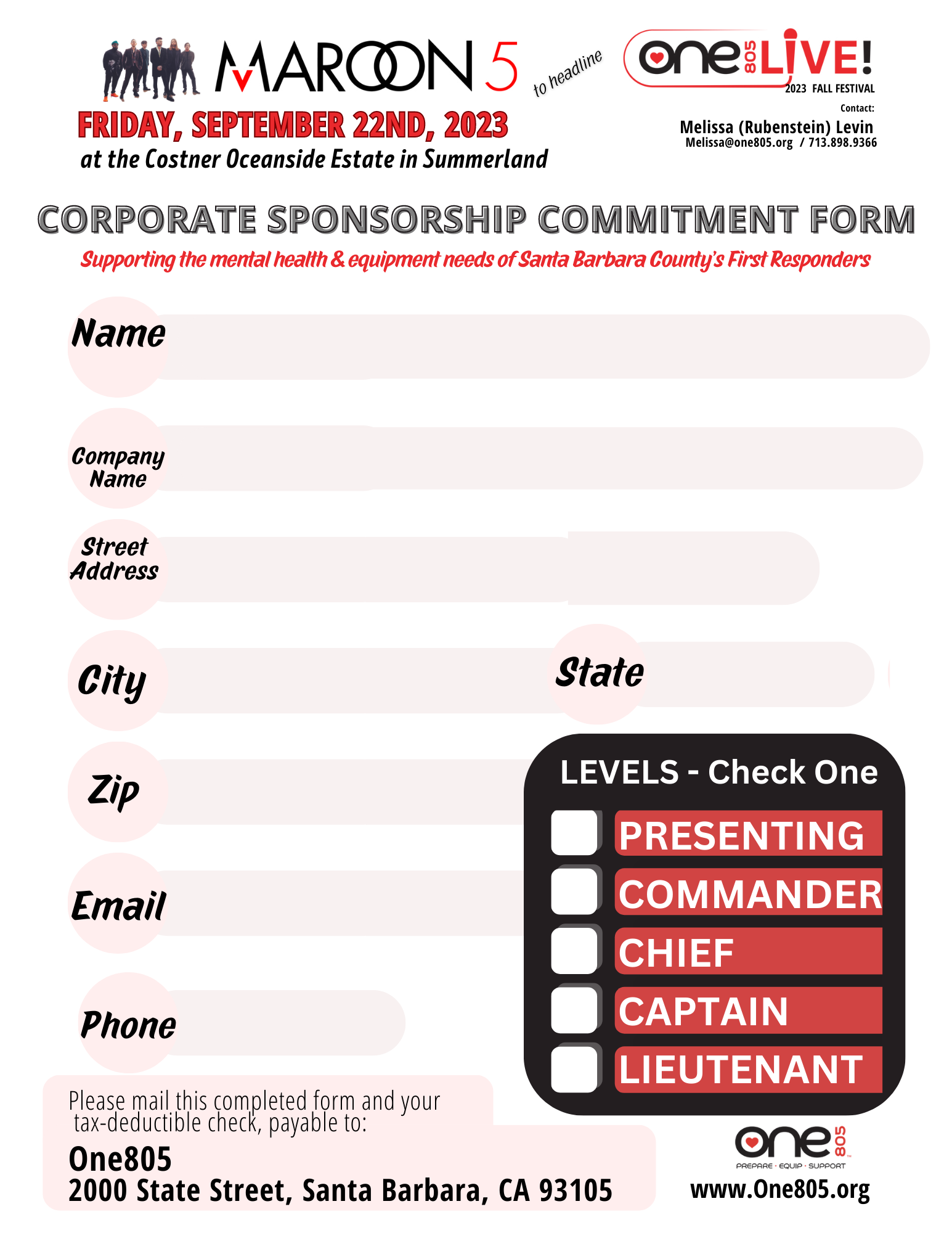 One805 Sponsor Commitment Form